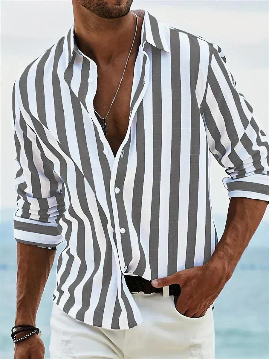 Stribet Sommerskjorte Herre – Casual Skjorte med Knapper