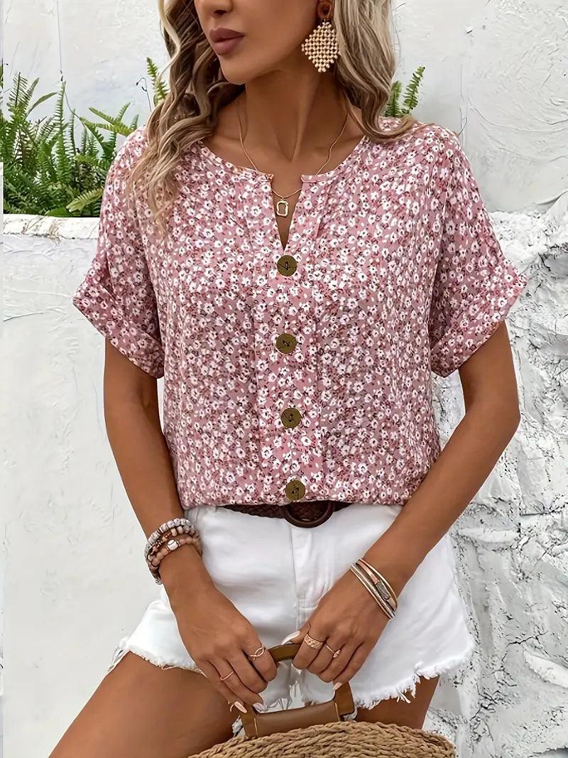 Blomstret Sommertop Dame – Pink Bluse med Knapper og V-Hals
