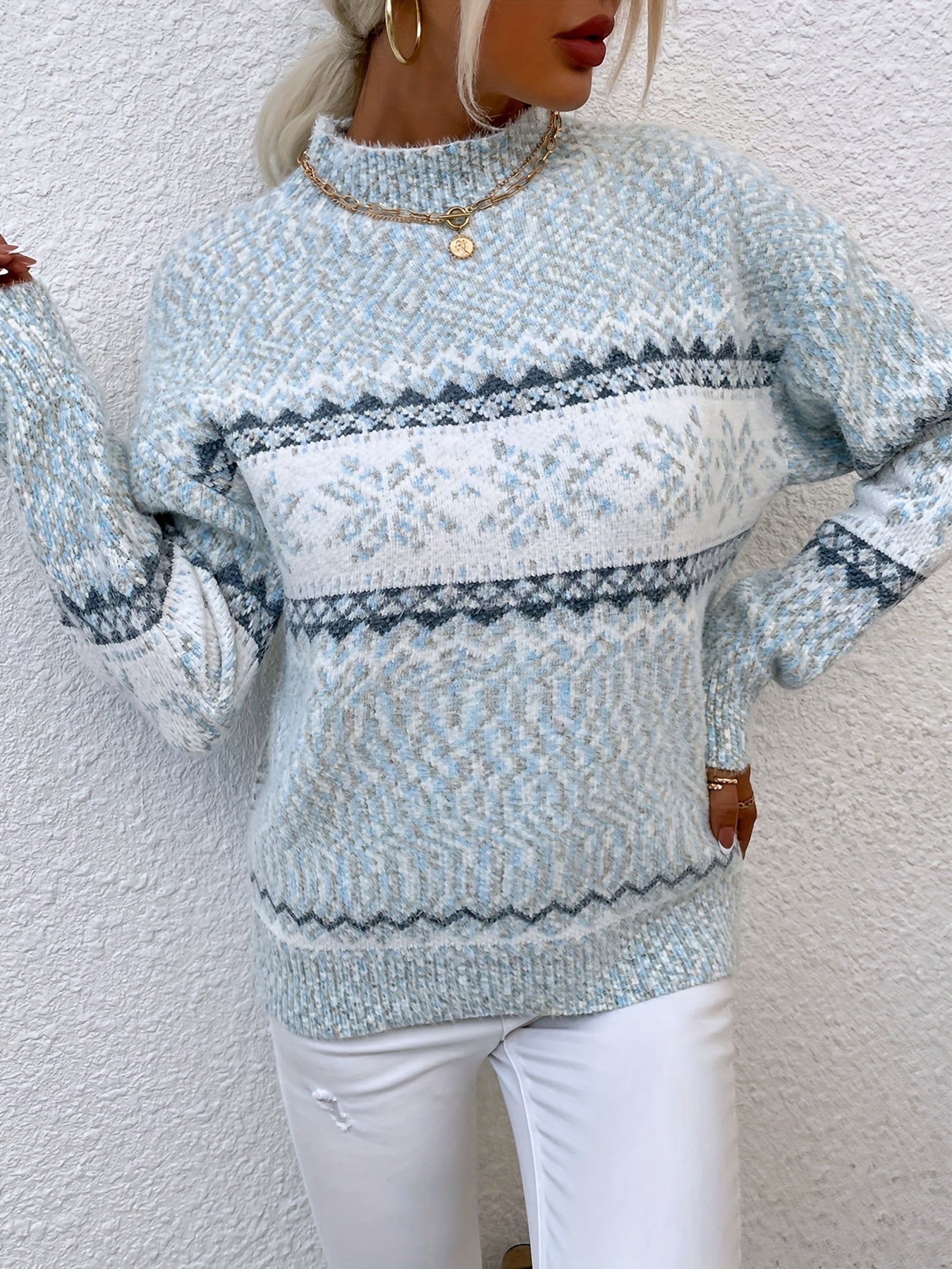 Striktrøje Dame – Pullover med snefnugmønster og høj hals til hverdag, arbejde og lag-på-lag