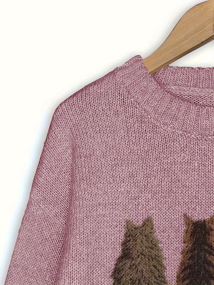 Striktrøje Dame – Pullover med katteprint og mønstret design til hverdag, arbejde og lag-på-lag