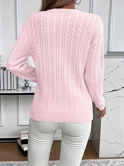 Striktrøje Dame – Pullover med kabelstrik og rund hals til hverdag, arbejde og lag-på-lag