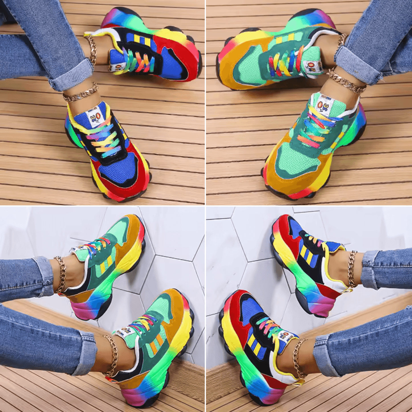 Farverige platform sneakers til dame med regnbuedetaljer