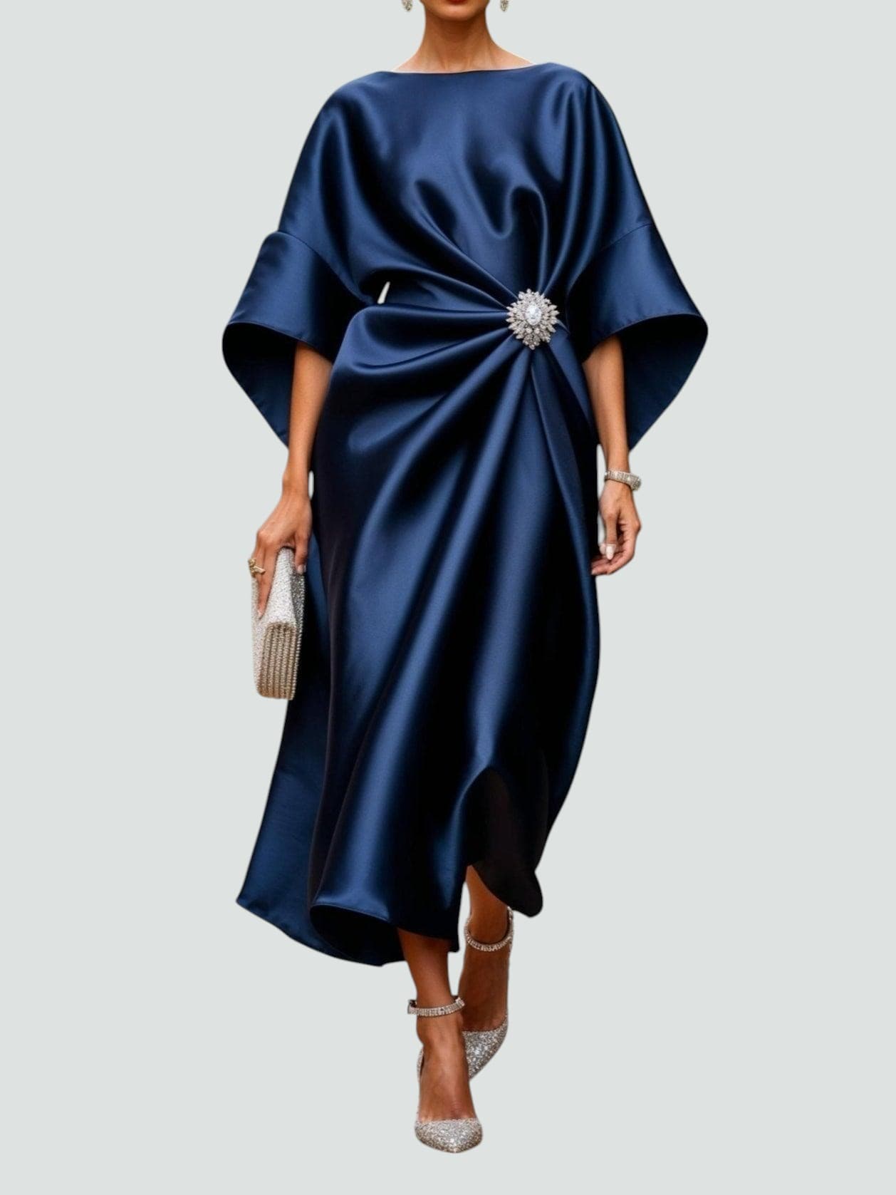 Satin Midikjole Dame – Elegant Bryllupsgæst Kjole med Bateau Hals