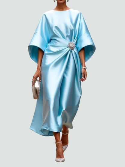 Satin Midikjole Dame – Elegant Bryllupsgæst Kjole med Bateau Hals