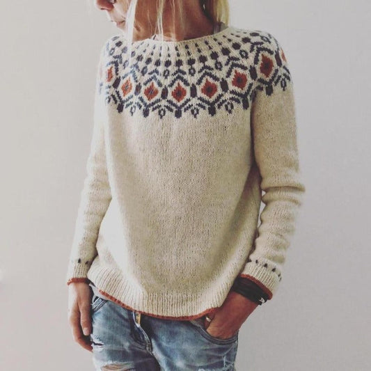 Mønstret Pullover Dame – Khaki Striktrøje til Efterår