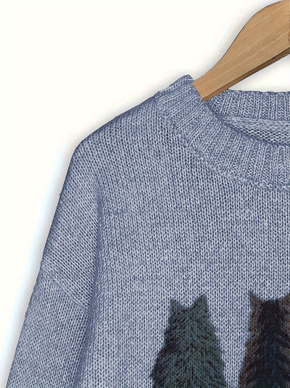 Striktrøje Dame – Pullover med katteprint og mønstret design til hverdag, arbejde og lag-på-lag