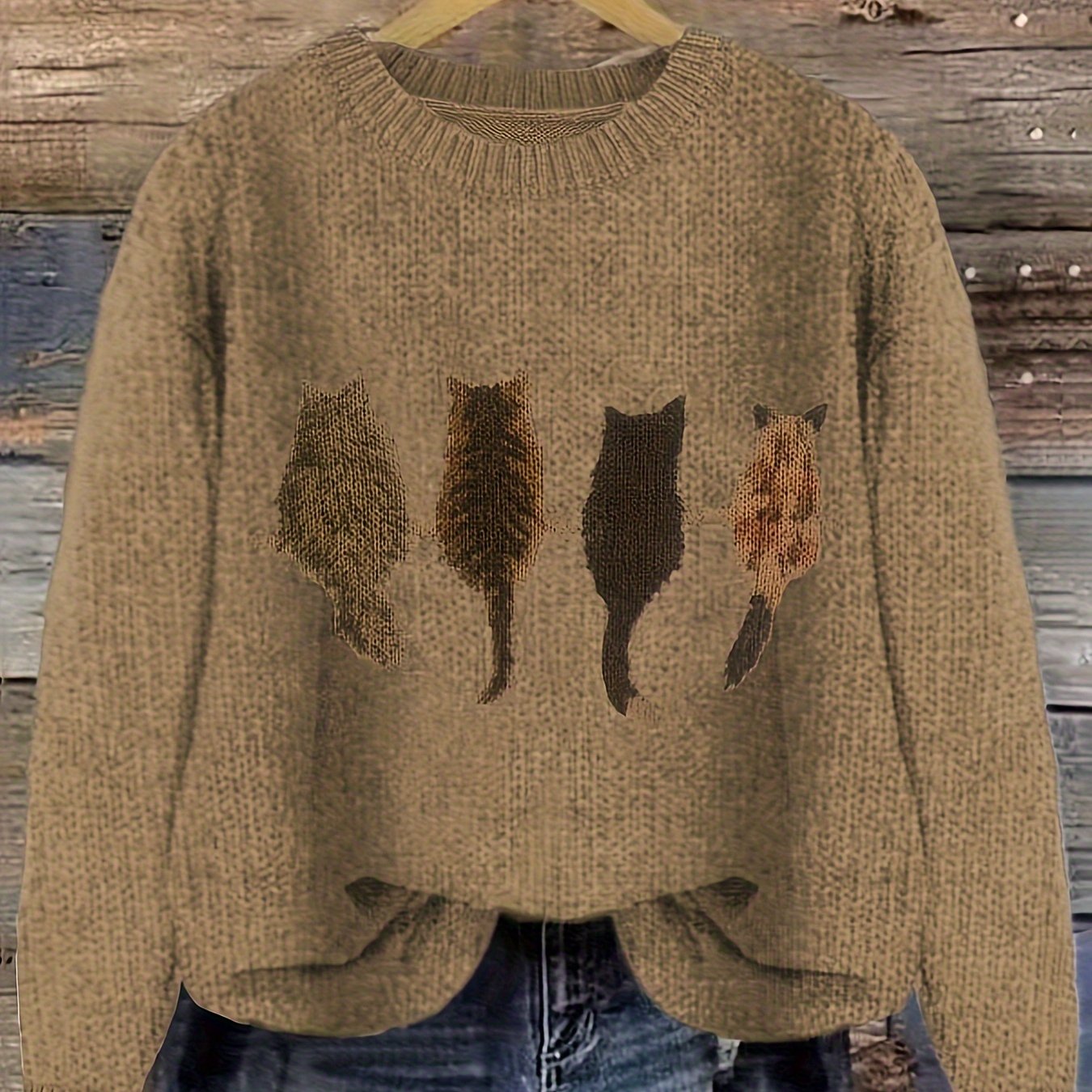 Striktrøje Dame – Pullover med katteprint og mønstret design til hverdag, arbejde og lag-på-lag