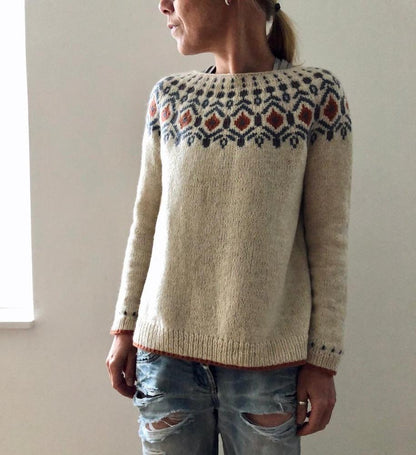 Mønstret Pullover Dame – Khaki Striktrøje til Efterår