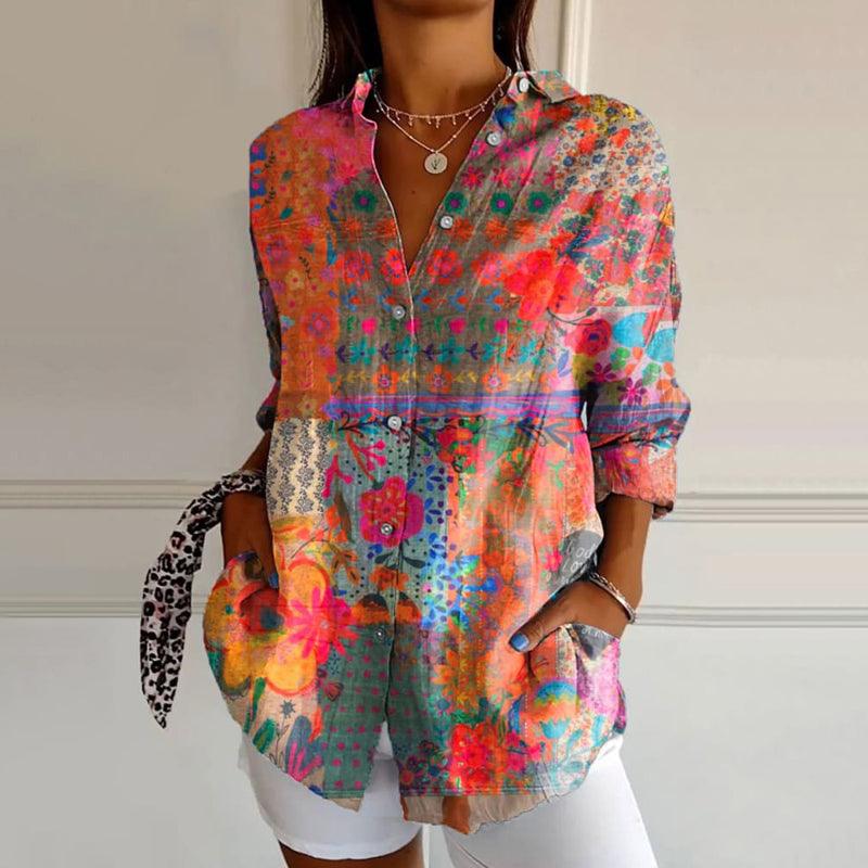 Blomstret Bluse Dame – Sommerbluse med Knapper og Krave – S
