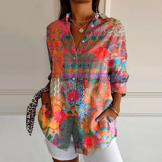Blomstret Bluse Dame – Sommerbluse med Knapper og Krave – S