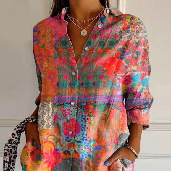 Blomstret Bluse Dame – Sommerbluse med Knapper og Krave – M