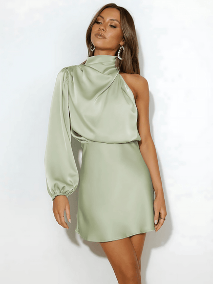 Dame Satin Mini Kjole - Én Skulder - Højhalset Draperet Krave - Langærmet - Formel Mini Kjole
