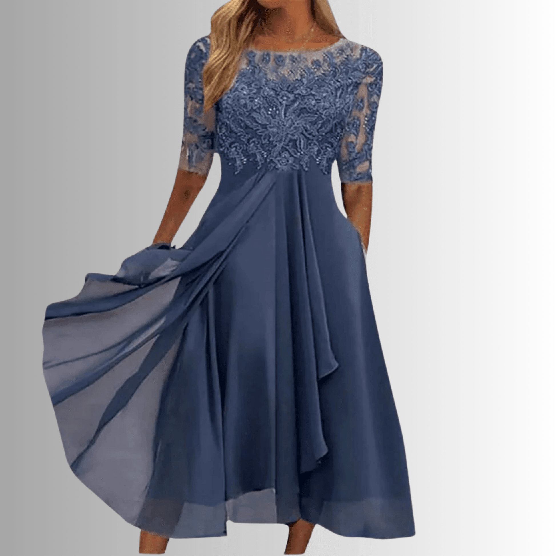 Blonde Midikjole Dame – Elegant Festkjole med 3/4 Ærmer
