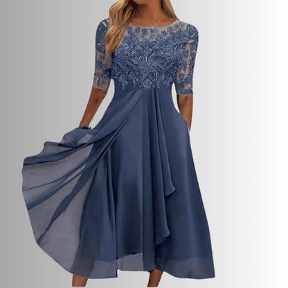 Blonde Midikjole Dame – Elegant Festkjole med 3/4 Ærmer