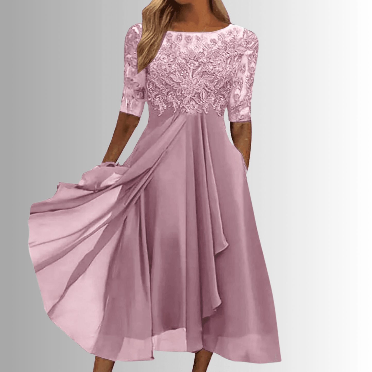 Blonde Midikjole Dame – Elegant Festkjole med 3/4 Ærmer