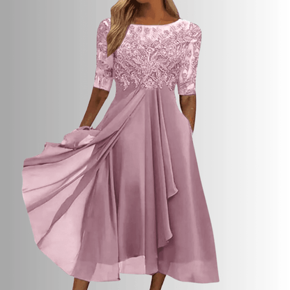 Blonde Midikjole Dame – Elegant Festkjole med 3/4 Ærmer