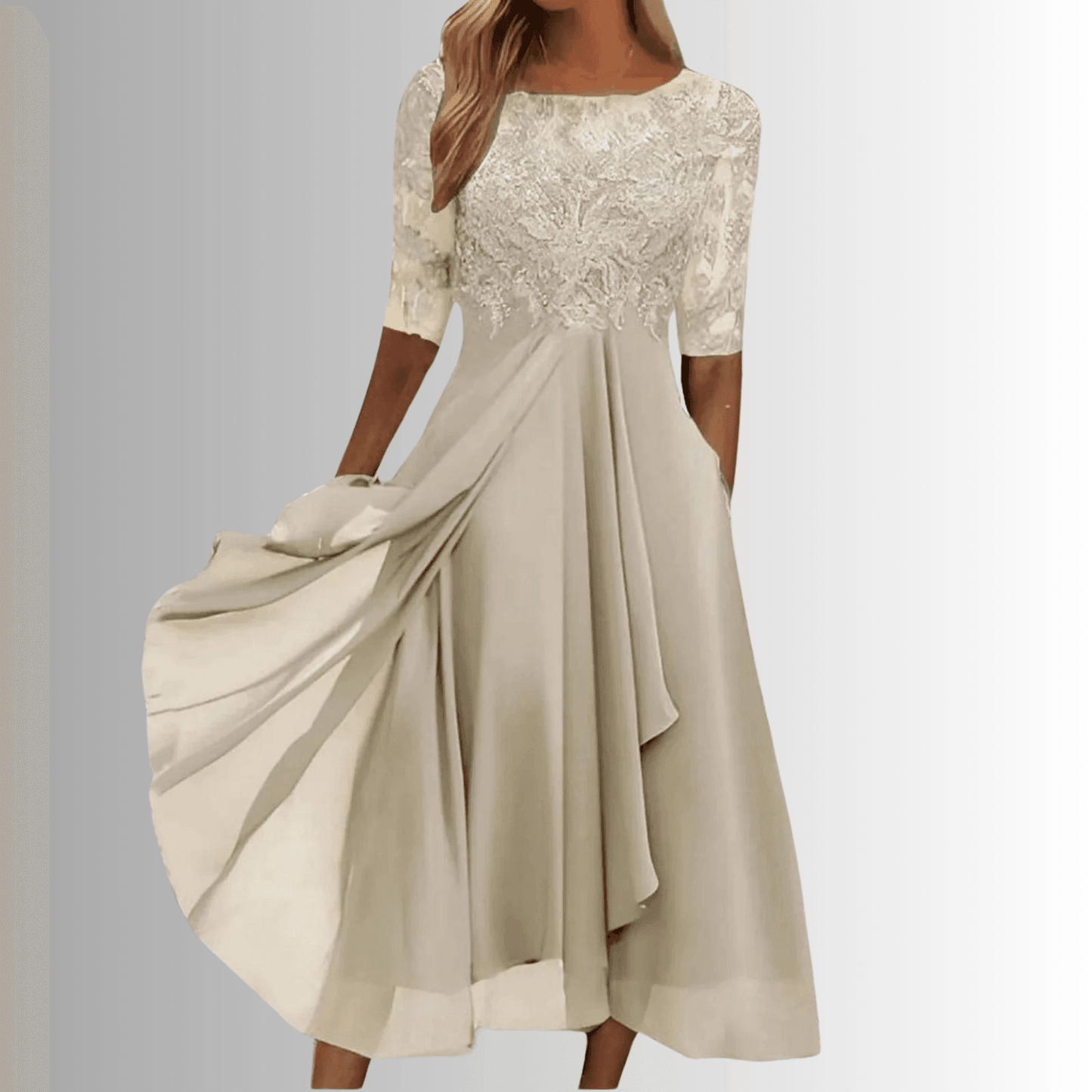 Blonde Midikjole Dame – Elegant Festkjole med 3/4 Ærmer