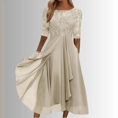 Blonde Midikjole Dame – Elegant Festkjole med 3/4 Ærmer