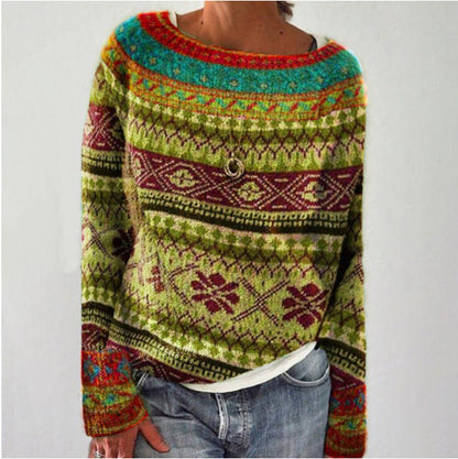 Retro Pullover Dame – Blå Striktrøje med Vintage Mønster
