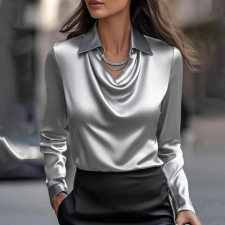 Satin Bluse Dame – Skinnende Skjorte med V-Hals – Champagne