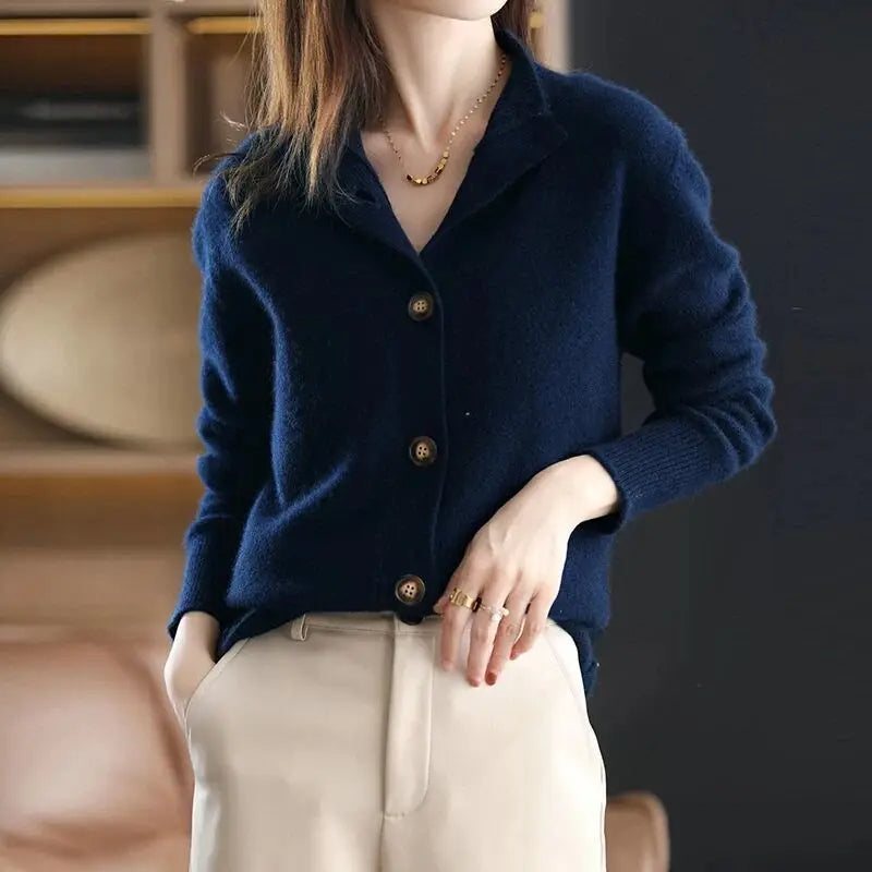 Strik Cardigan Dame – Creme Knapcardigan med Løs Pasform
