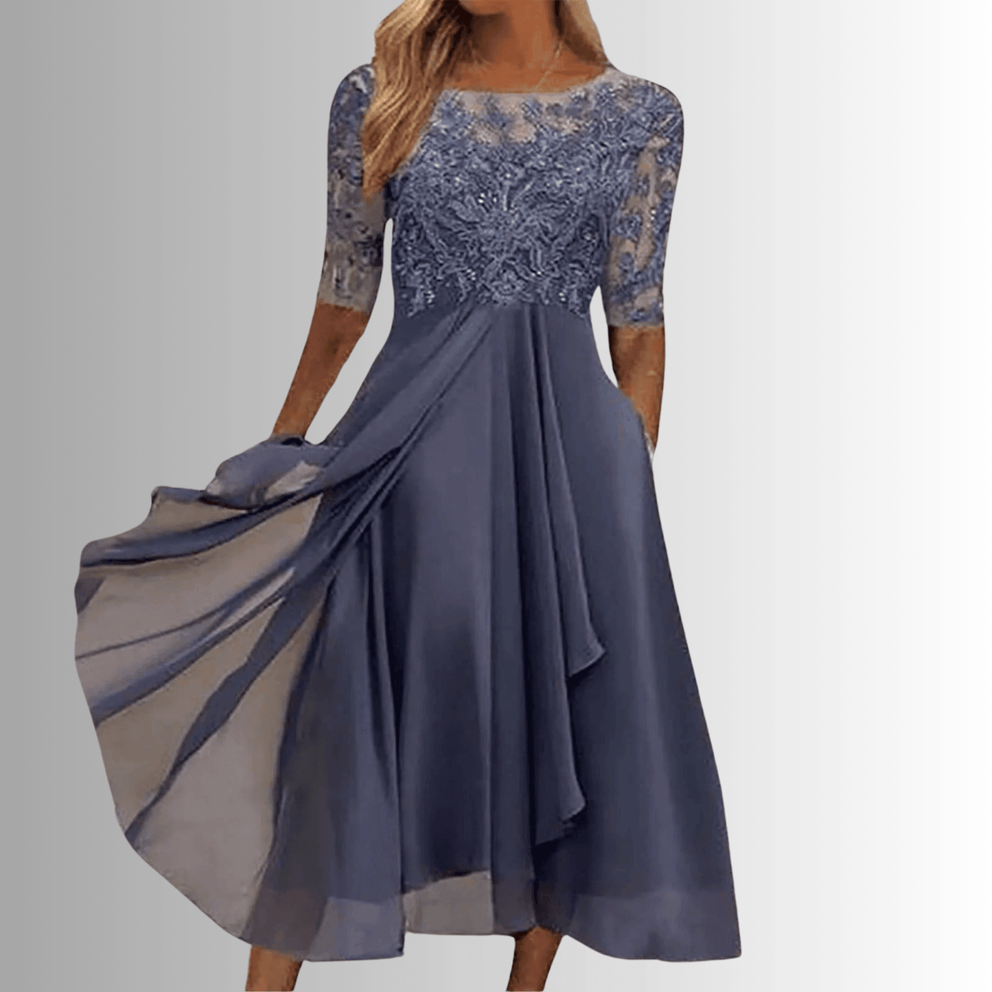 Blonde Midikjole Dame – Elegant Festkjole med 3/4 Ærmer