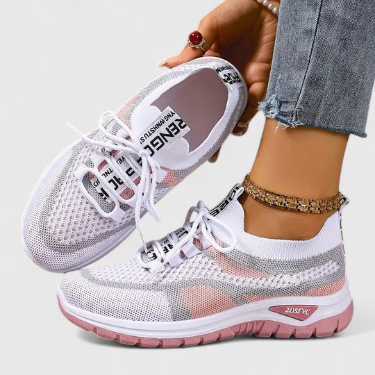 Sneakers Dame – Mesh Løbesko med Snørebånd og Farveblok Design