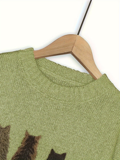 Striktrøje Dame – Pullover med katteprint og mønstret design til hverdag, arbejde og lag-på-lag