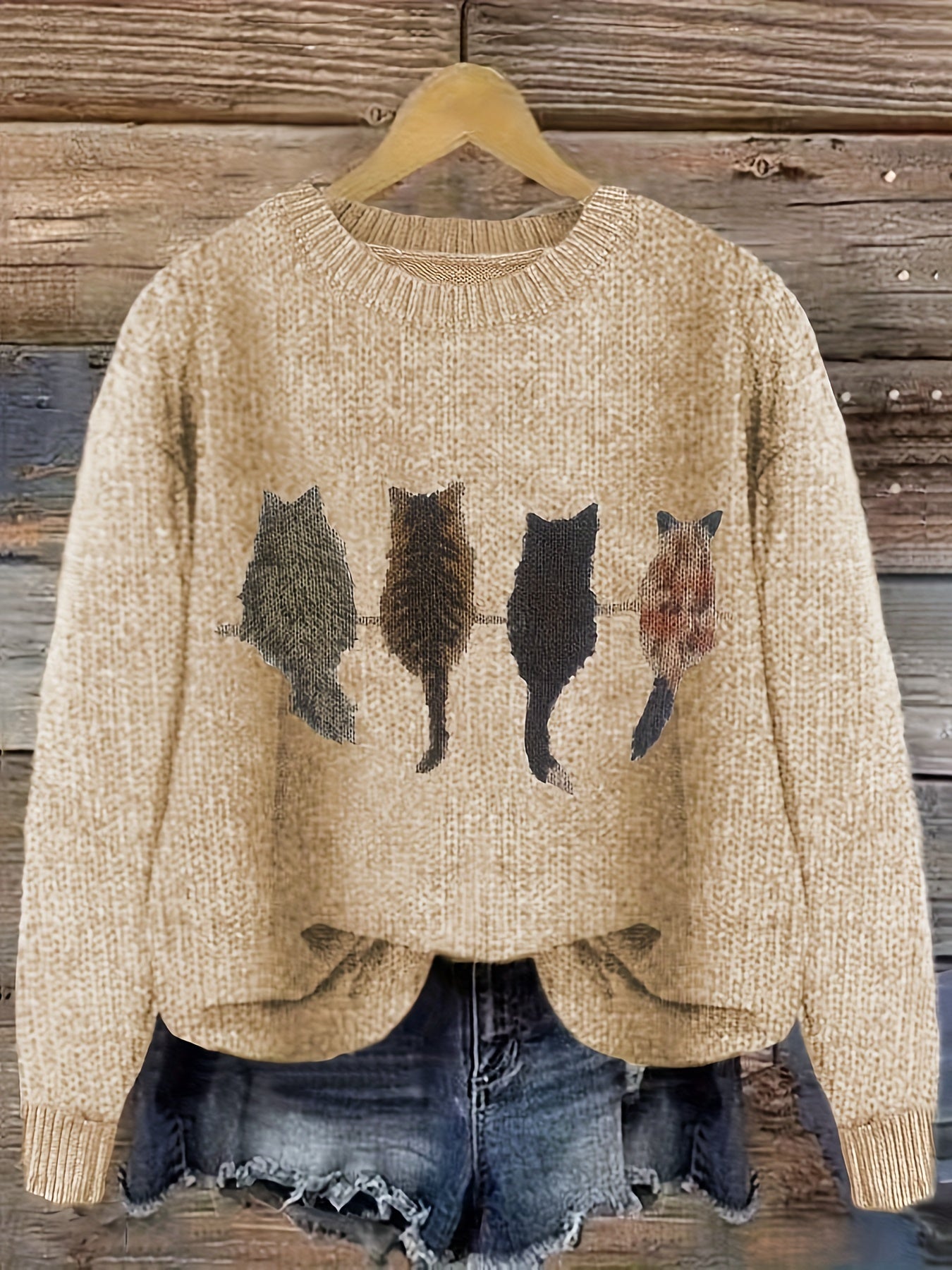 Striktrøje Dame – Pullover med katteprint og mønstret design til hverdag, arbejde og lag-på-lag