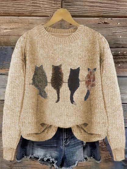 Striktrøje Dame – Pullover med katteprint og mønstret design til hverdag, arbejde og lag-på-lag