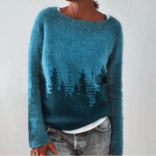 Retro Pullover Dame – Blå Striktrøje med Vintage Mønster