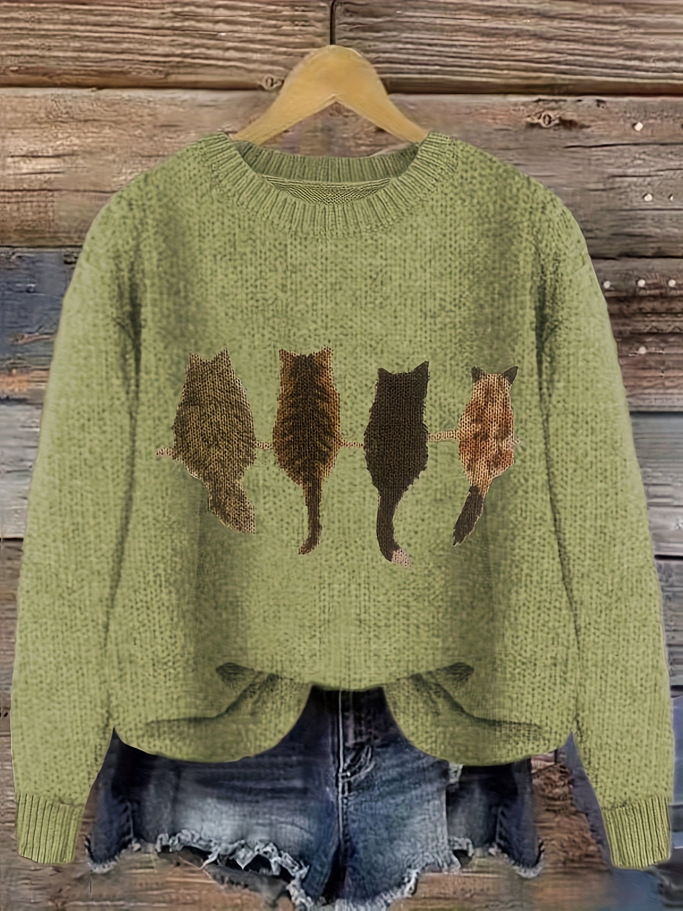 Striktrøje Dame – Pullover med katteprint og mønstret design til hverdag, arbejde og lag-på-lag