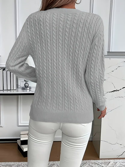 Striktrøje Dame – Pullover med kabelstrik og rund hals til hverdag, arbejde og lag-på-lag