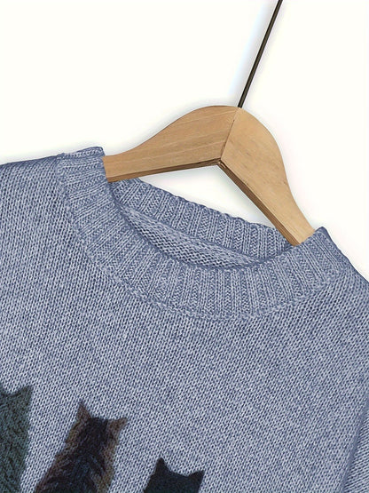 Striktrøje Dame – Pullover med katteprint og mønstret design til hverdag, arbejde og lag-på-lag