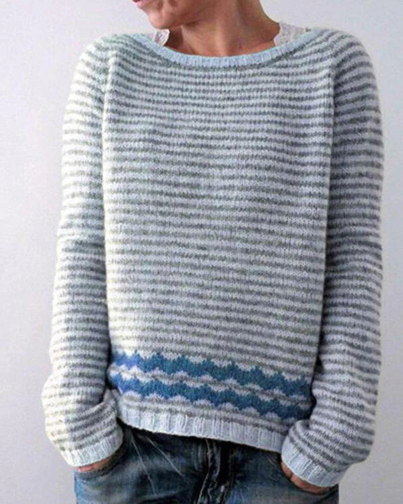 Retro Pullover Dame – Blå Striktrøje med Vintage Mønster