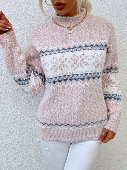 Striktrøje Dame – Pullover med snefnugmønster og høj hals til hverdag, arbejde og lag-på-lag