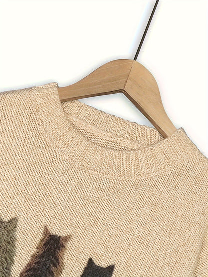 Striktrøje Dame – Pullover med katteprint og mønstret design til hverdag, arbejde og lag-på-lag