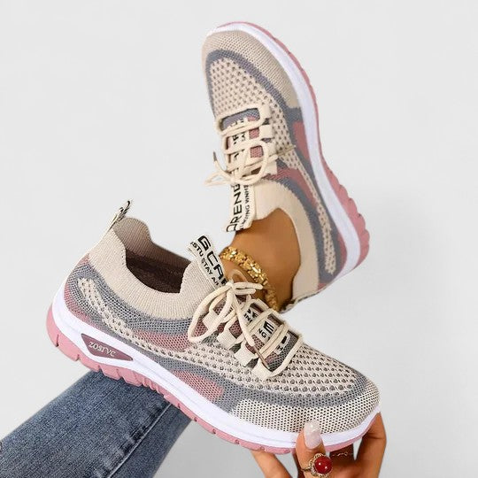 Sneakers Dame – Mesh Løbesko med Snørebånd og Farveblok Design