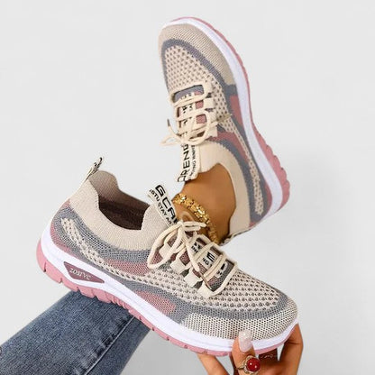 Sneakers Dame – Mesh Løbesko med Snørebånd og Farveblok Design