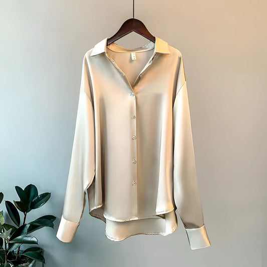 Satin Bluse Dame – Elegant Skjortebluse med Knapper