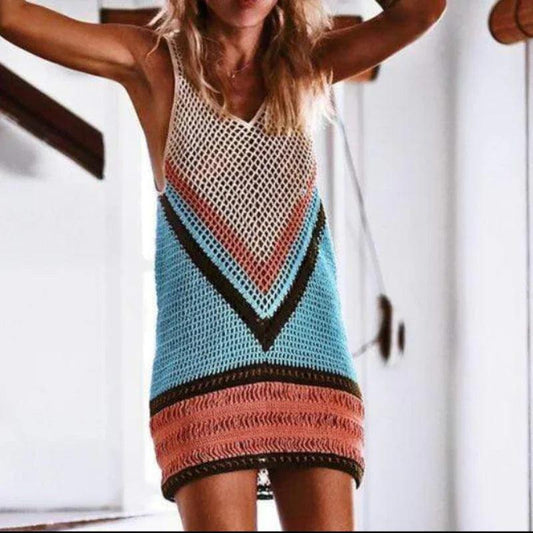 Strand Cover-Up Dame – Hæklet Mini Strandkjole i Boho Stil – Blå