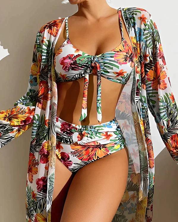 Tropisk Bikini Sæt Dame – Blomstret Bikini med Bindebånd – Hvid