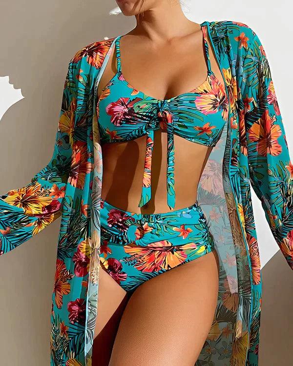 Tropisk Bikini Sæt Dame – Blomstret Bikini med Bindebånd – Hvid