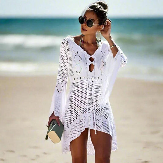 Strand Cover-Up Dame – Asymmetrisk Hæklet Strandkjole – Hvid