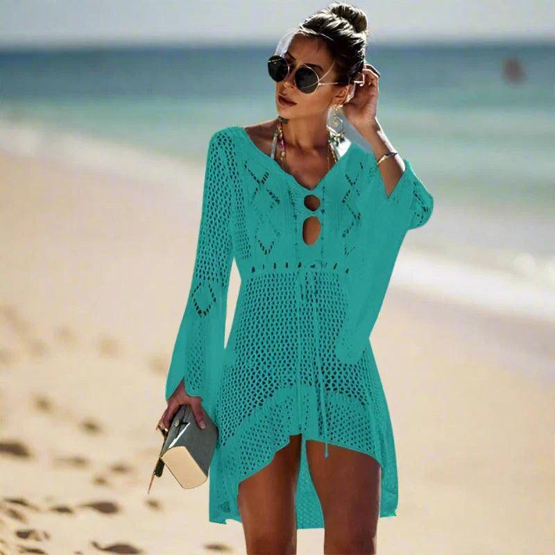 Strand Cover-Up Dame – Asymmetrisk Hæklet Strandkjole – Lysegul