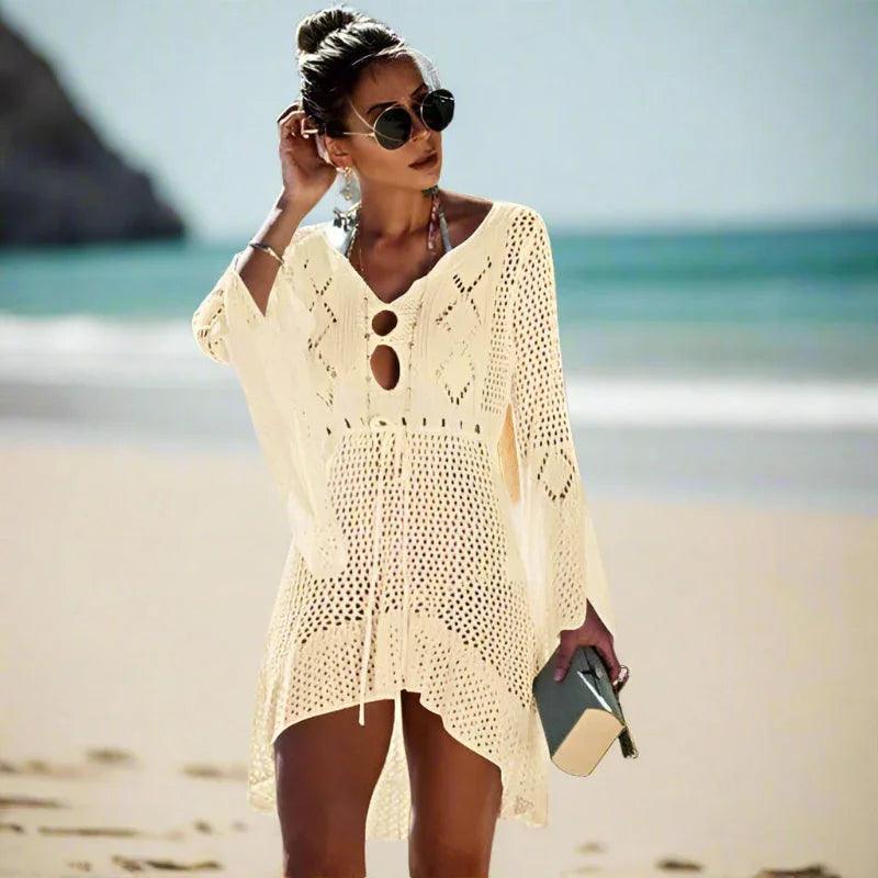 Strand Cover-Up Dame – Asymmetrisk Hæklet Strandkjole – Kongeblå