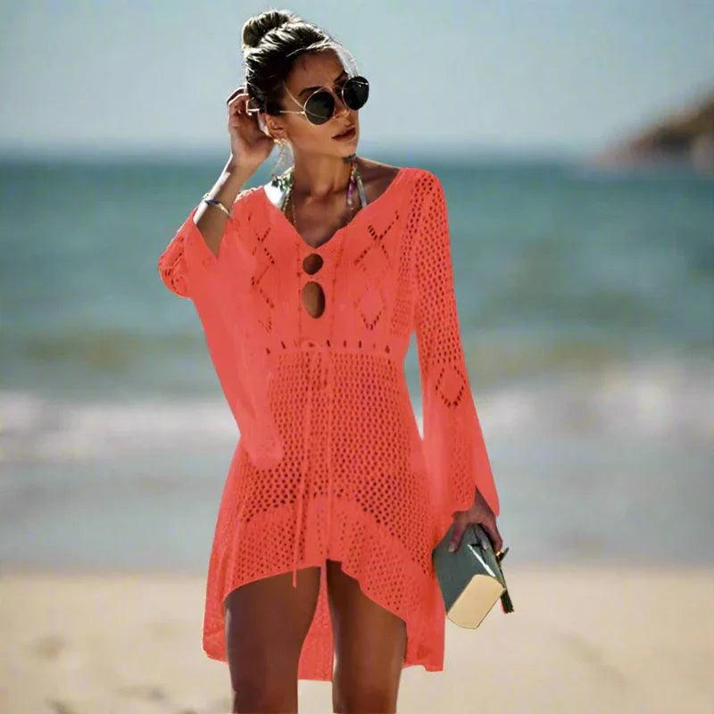 Strand Cover-Up Dame – Asymmetrisk Hæklet Strandkjole – Blå