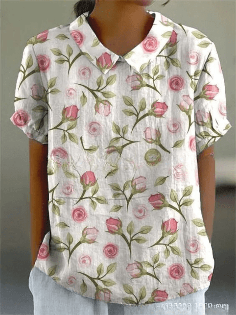 Blomstret skjortebluse dame med knapper