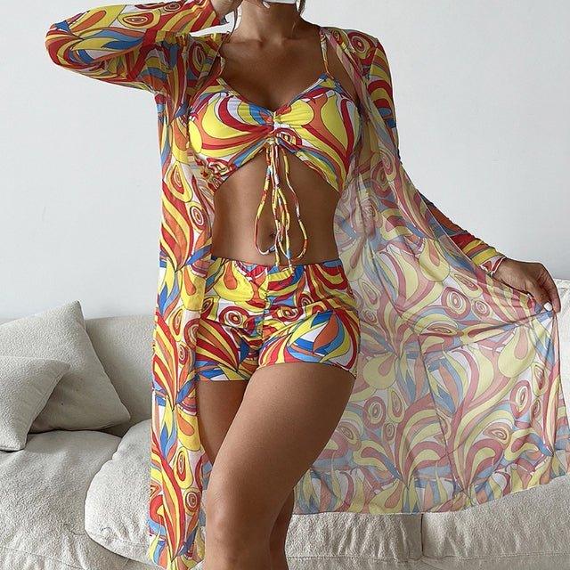 3-delt Bikini Sæt Dame – Badetøj med Shorts og Cover-Up – Grøn