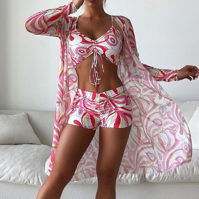 3-delt Bikini Sæt Dame – Badetøj med Shorts og Cover-Up – Grøn
